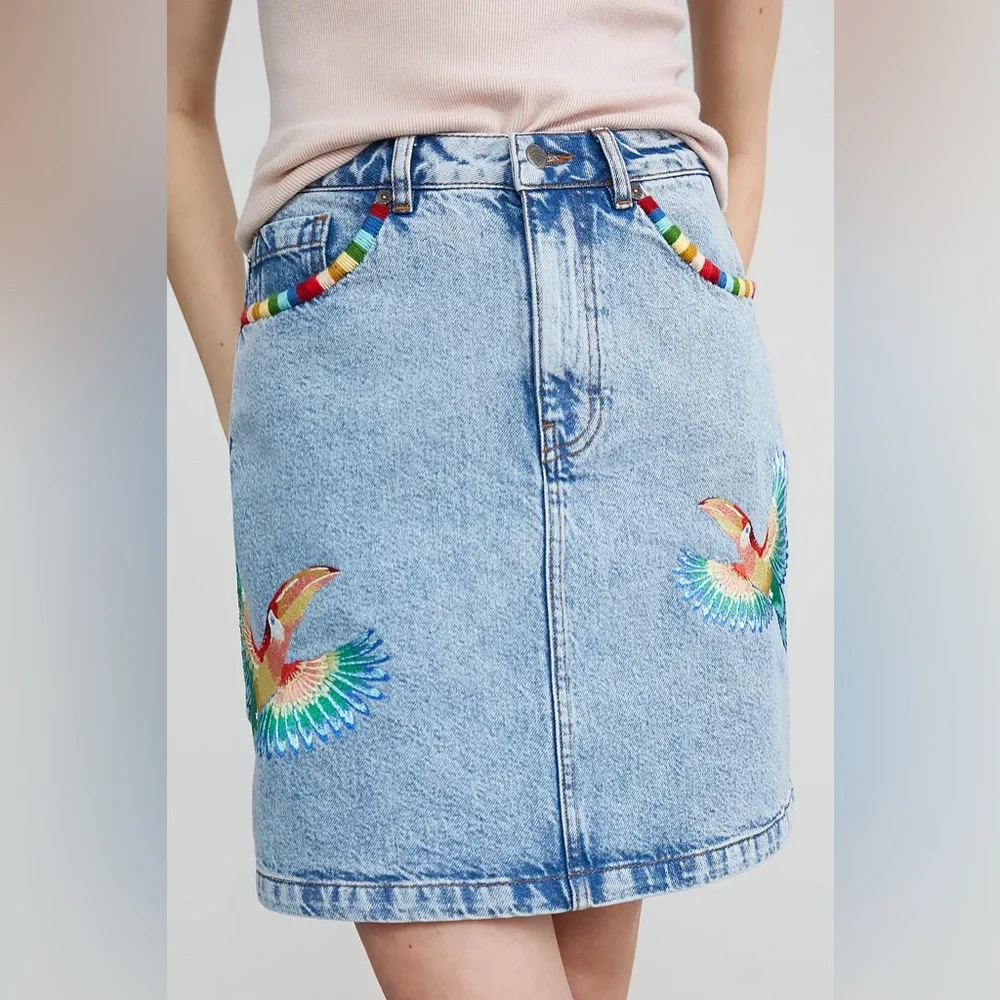 NWT Farm Rio Embroidered Denim Mini Skirt Tropical Colorful Boho Vacation Beach - Picture 12 of 13